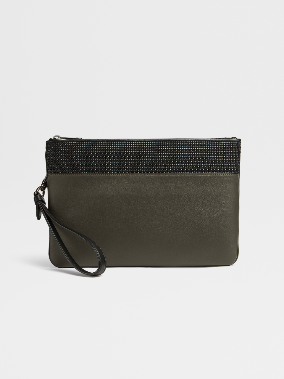 Black PELLETESSUTA™ and Military Green Leather Flat Zip Pouch